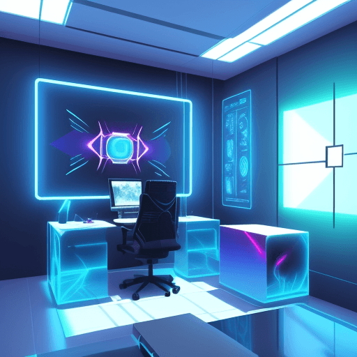 AI generated: Virtual futuristic 3 D corner resembling a digital art studio with floating canvases and image and f...