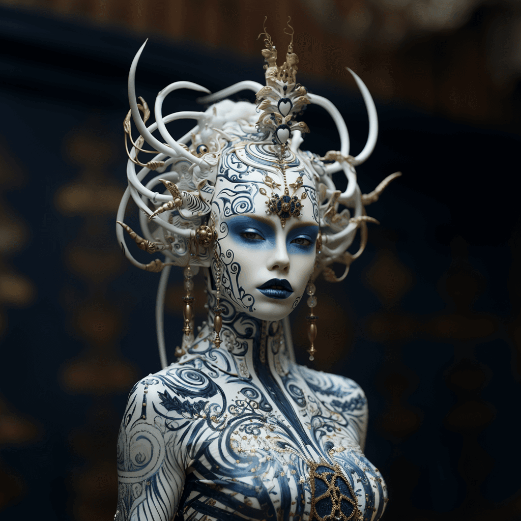 AI generated: a girl with a white face paint and black makeup, in the style of futuristic designs, dark white and ...