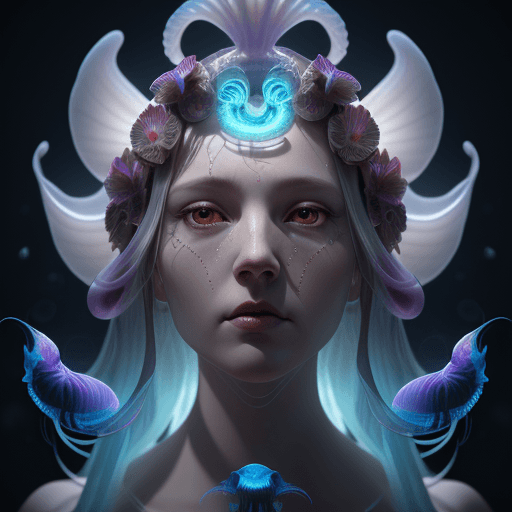 AI generated: Goddess close-up portrait ribcagel. jellyfish phoenix head, nautilus, orchid, skull, betta fish, bio...