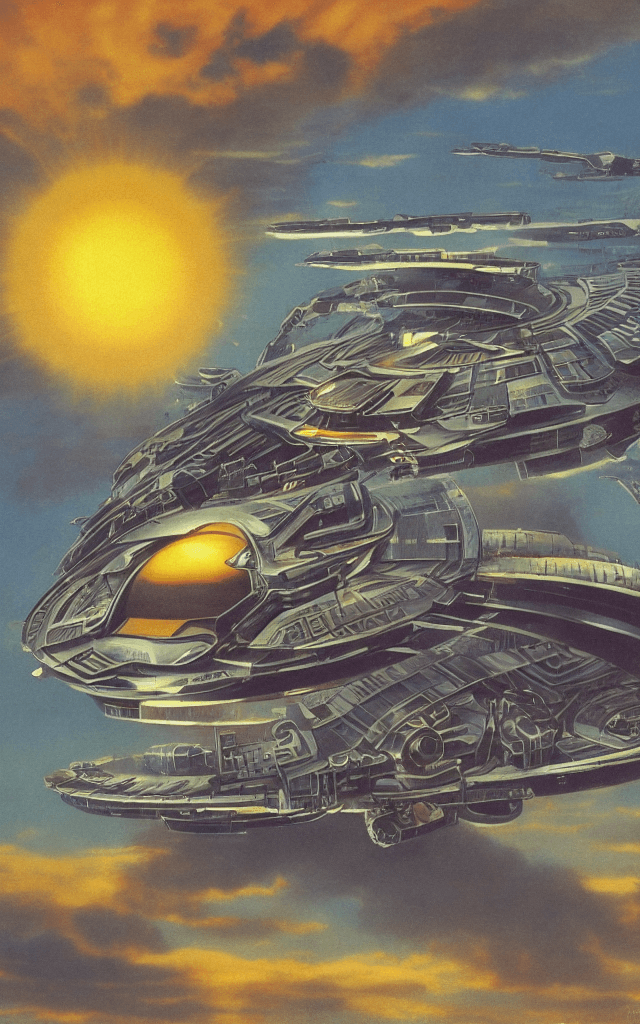 AI generated: retrofuturist space ship, sun in the background