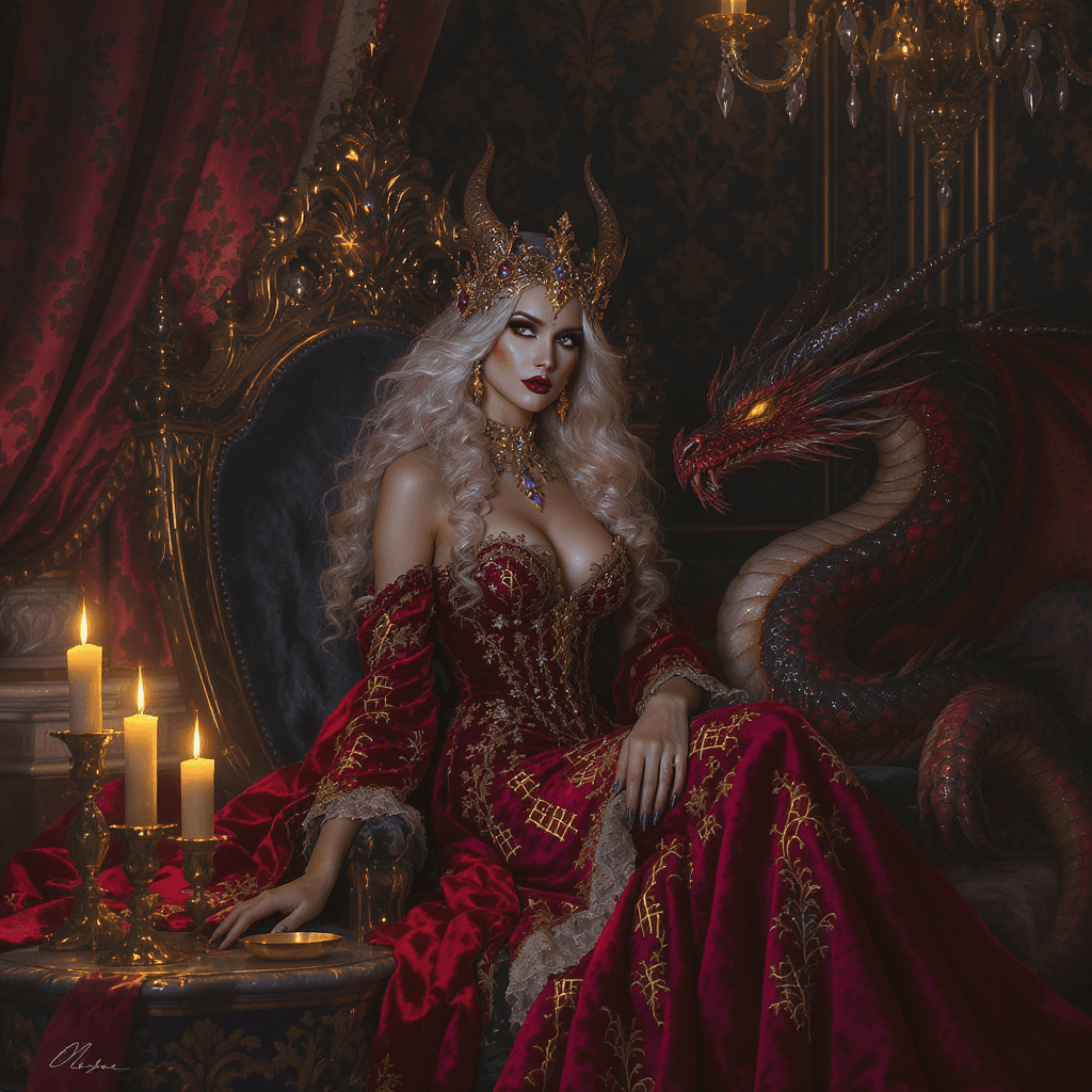 AI generated: A baroque-inspired fantasy scene depicting a noble sorceress seated in her opulent chamber at twilig...