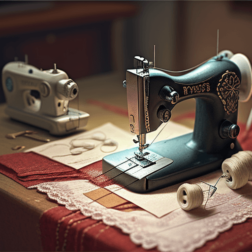 AI generated: sewing machine, threads, fabrics, lace, scissors, needles, beads, thimble, realism