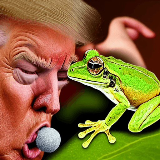 AI generated: Realistic photography of Donald Trump kissing a frog