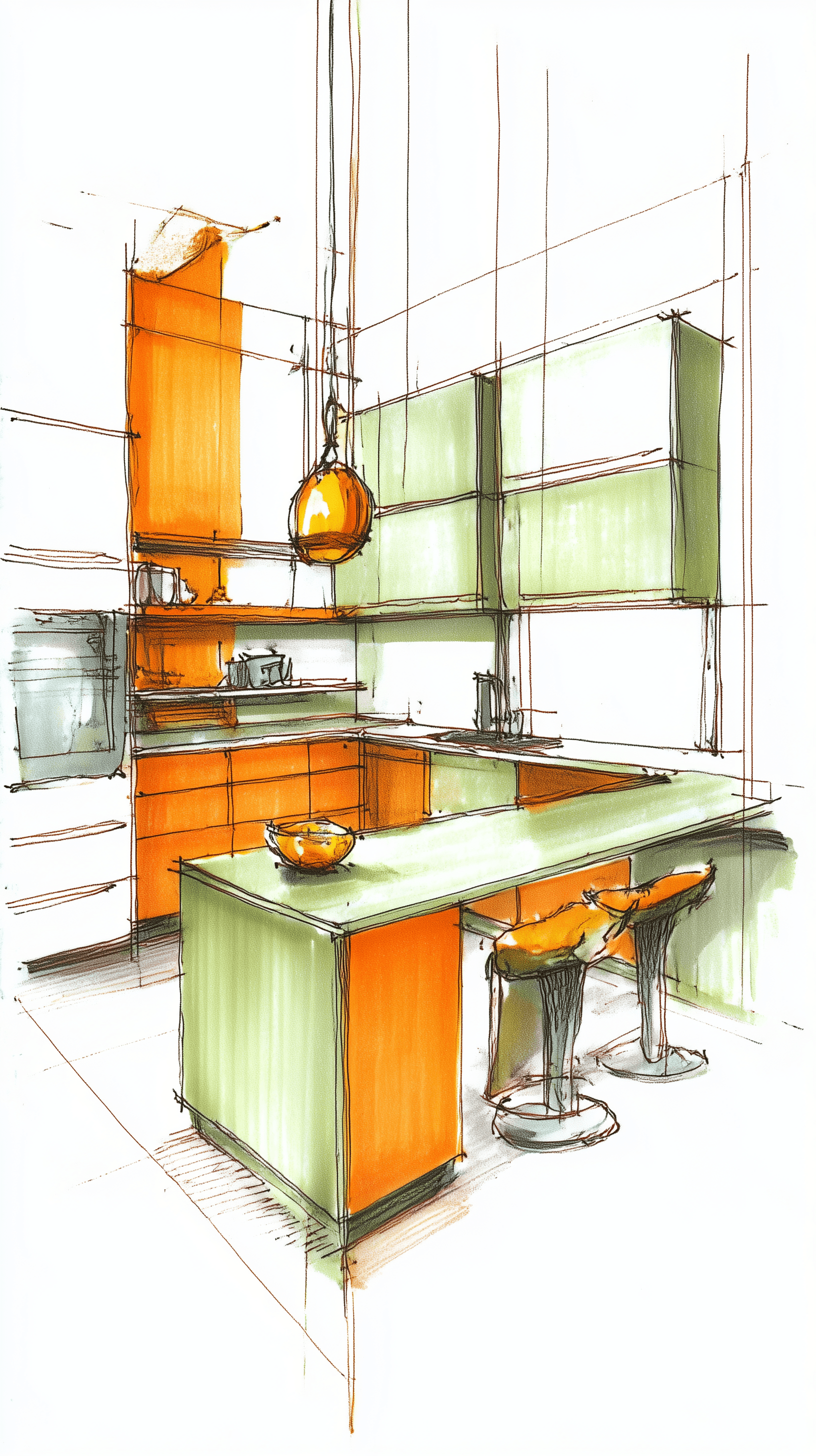 AI generated: spatial ideation sketch, concept kitchen design, minimalist style, rotring and bold marker pen, oran...