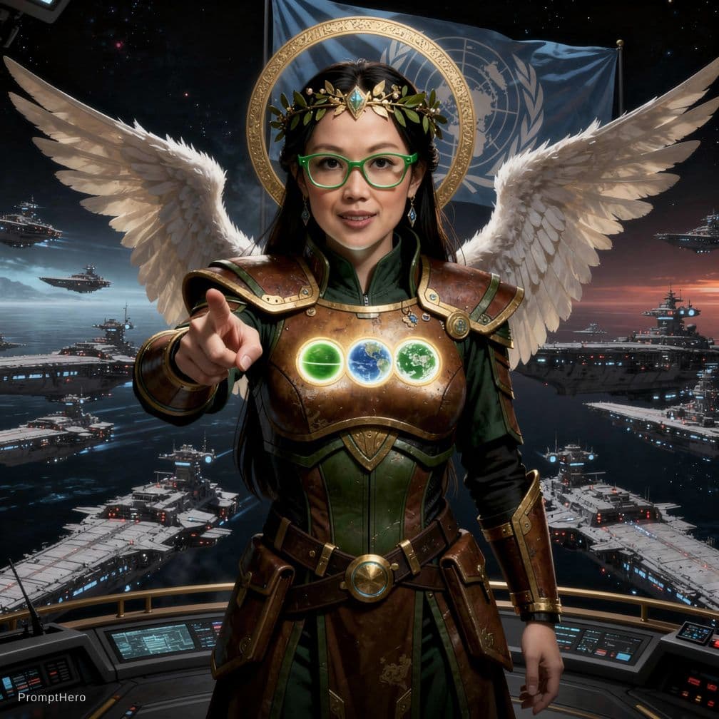 AI generated: Create me, with green eye glasses, a legendary interstellar space captian with golden olive wreath a...