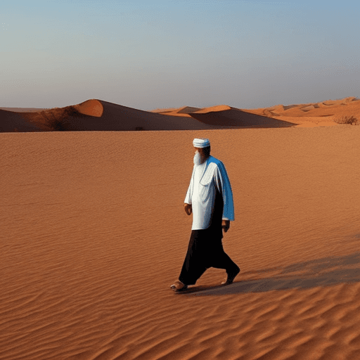 AI generated: An old Muslim man walking in the desert