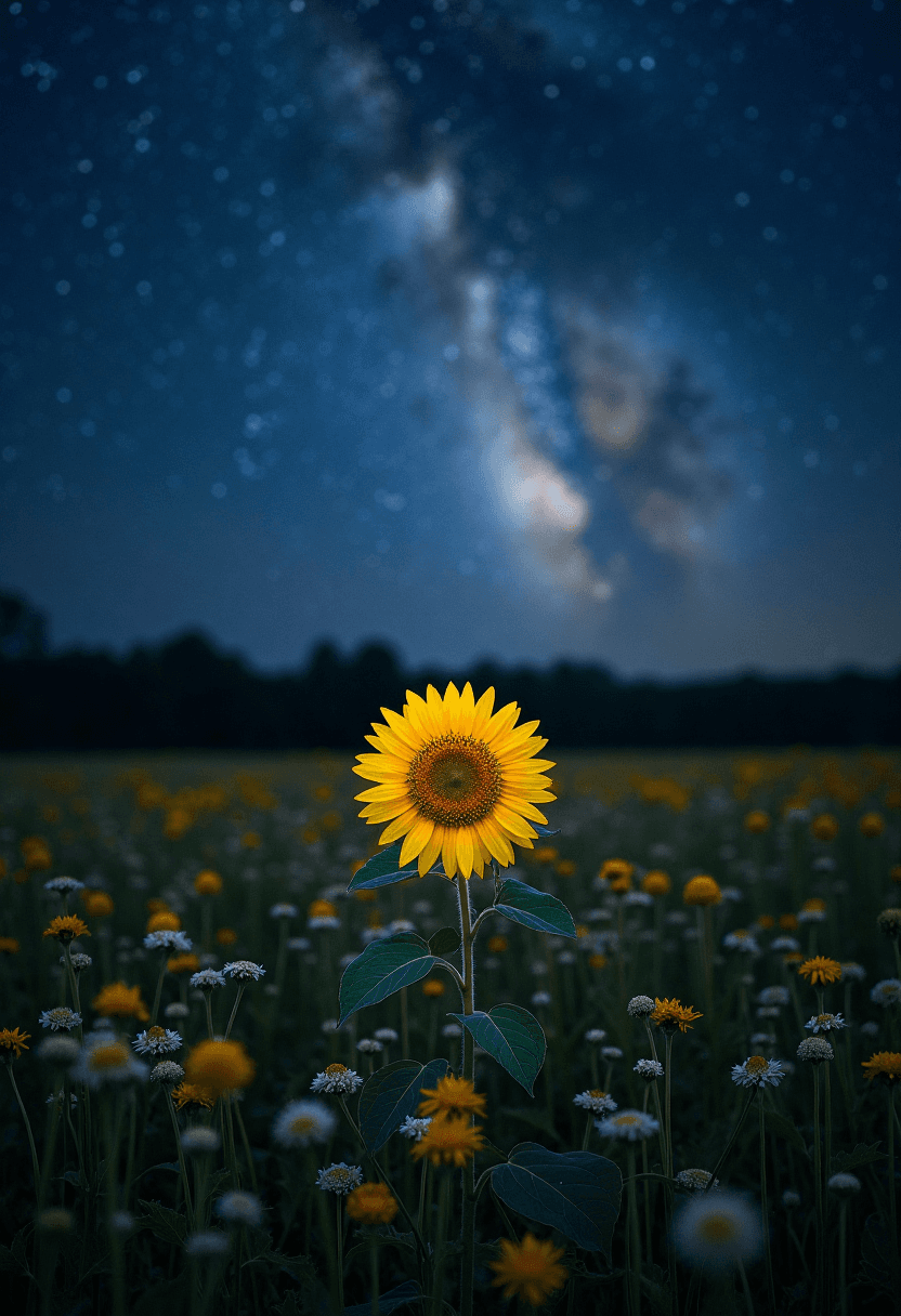 AI generated: 
A single sunflower stands in a field of wildflowers at night. Milkyway Shines brightly in the sky,...