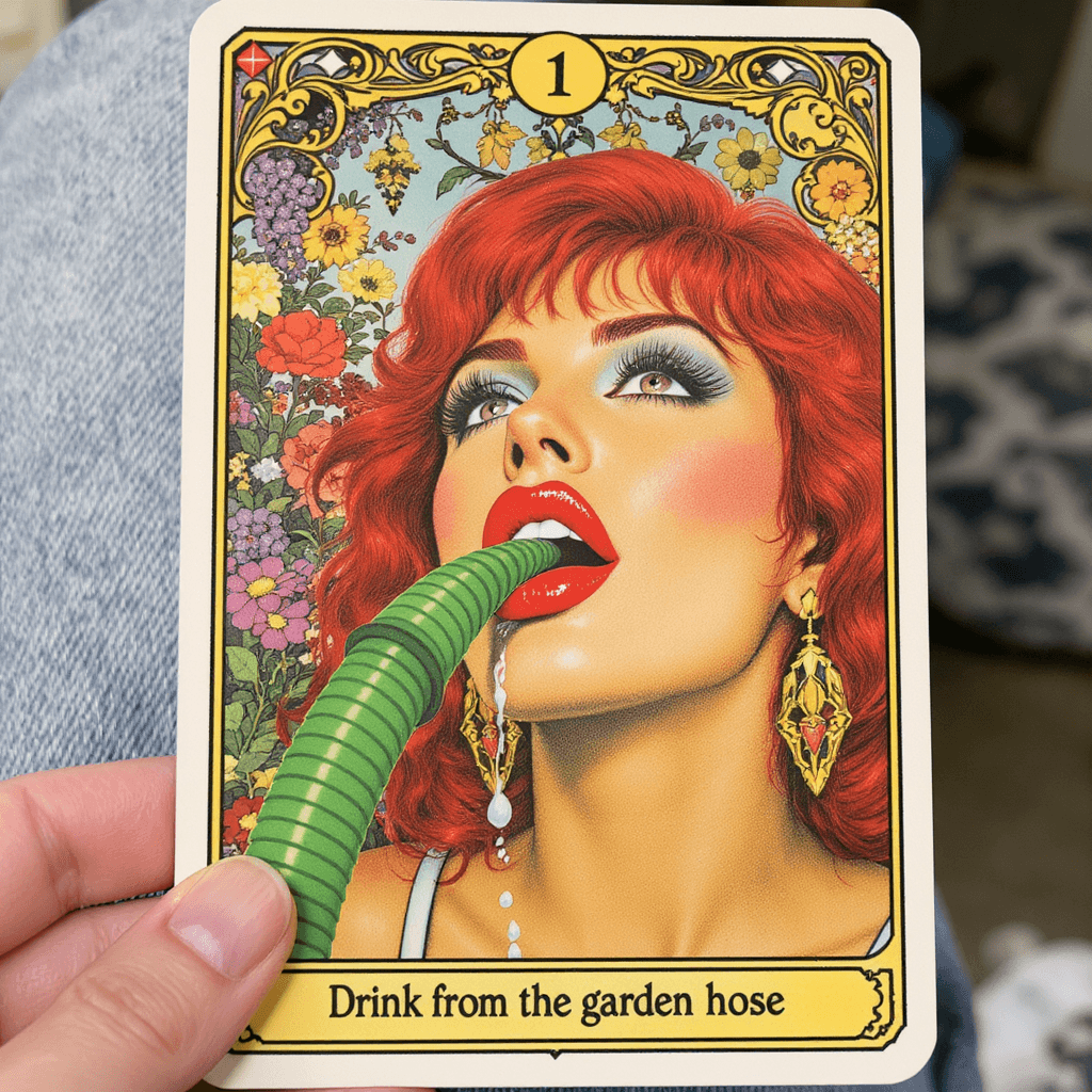 AI generated:  oracle card with 1980s red woman's lips drinking from garden hose with 1980s text drink from green ...