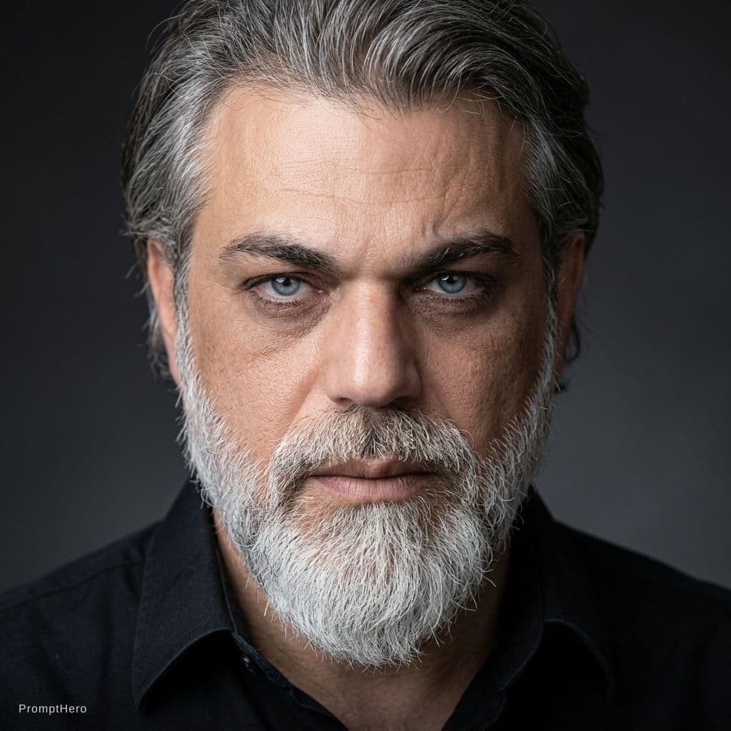 AI generated: Ultra-realistic cinematic close-up portrait of a rugged middle-aged man with salt-and-pepper hair an...