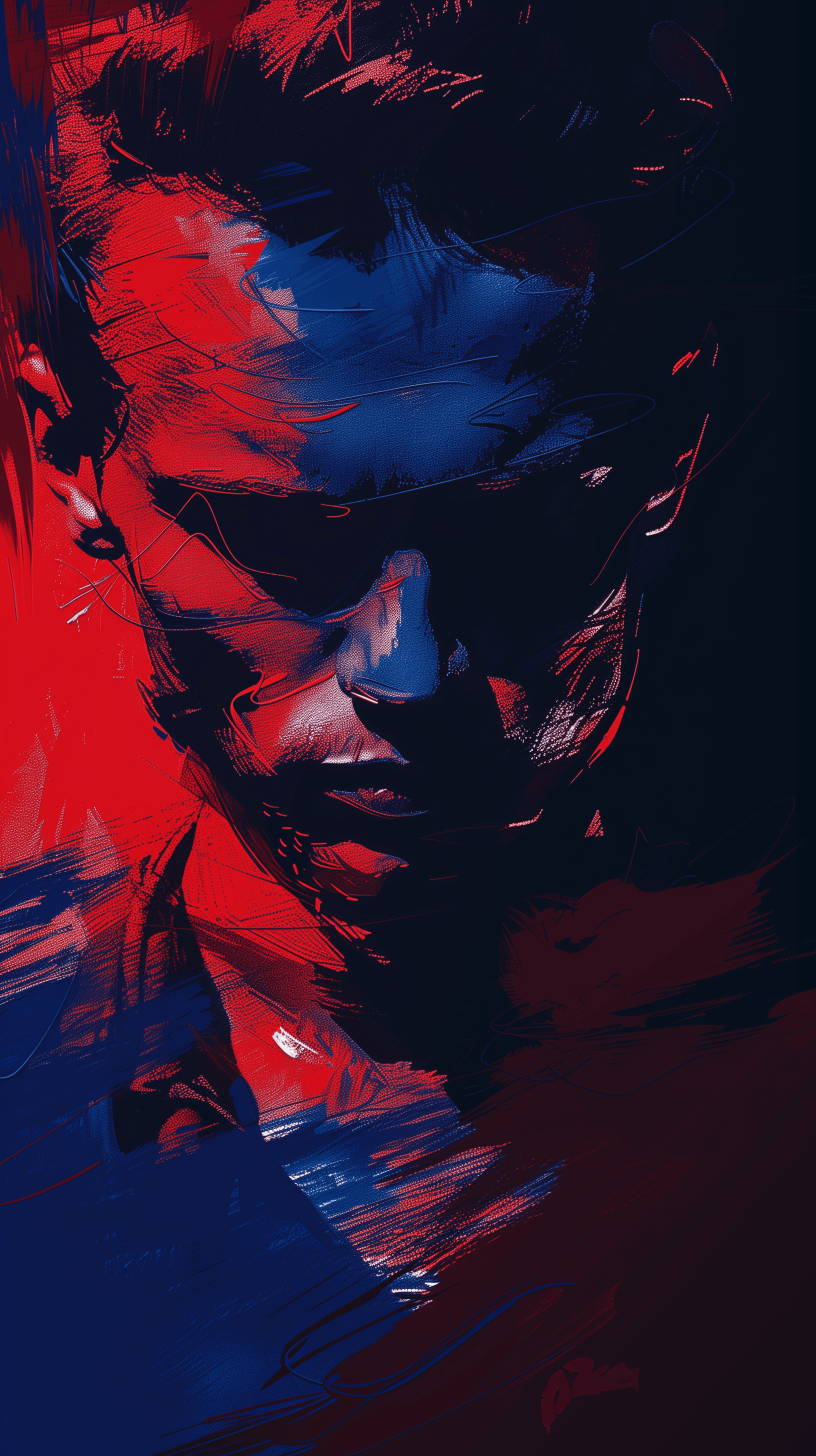 AI generated: graphic art, portrait of a man, background in deep blue and red, intense color contrasts on the face...