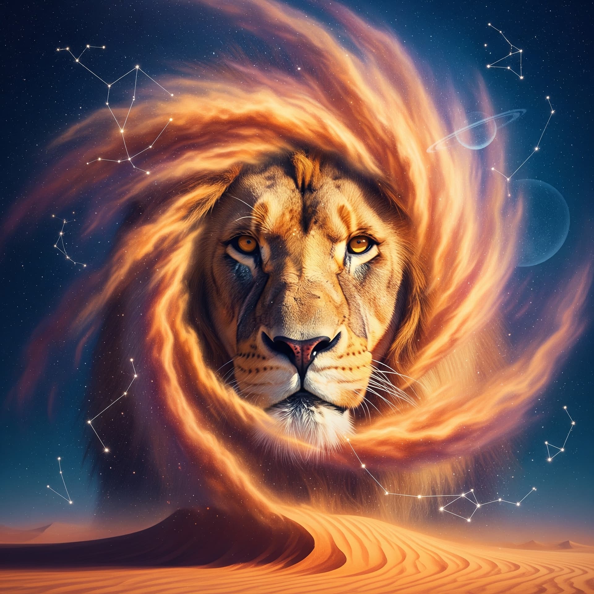AI generated: A hyperrealistic portrait painting of a lion's head emerging from the swirling vortex of a vibrant, ...