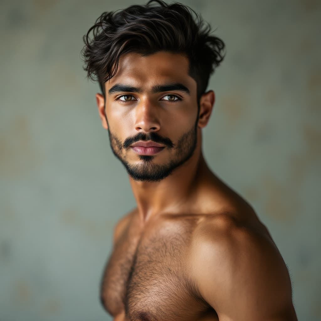 AI generated: Handsome fair young Indian man naked with hairy chest 
