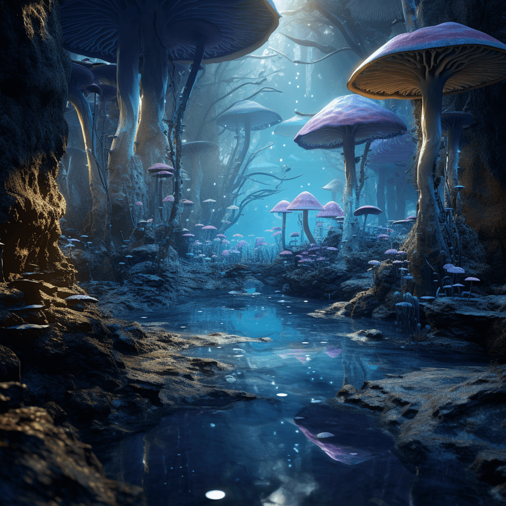 AI generated: dense forest of magic blue giant mushrooms::2, calm water stream, snow on the ground, winter season,...