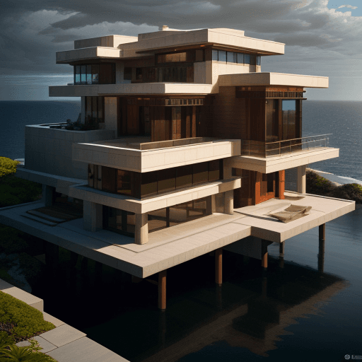 AI generated: modern house, frank Lloyd wright style, made of glass and dark wood, atmospheric, on the edge of an ...