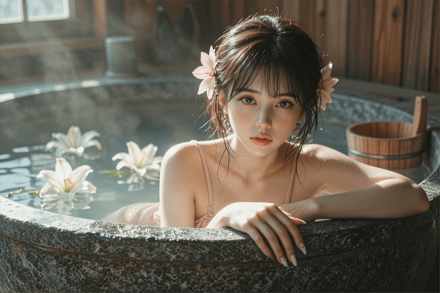AI generated: A high-quality, photorealistic portrait of a beautiful young Asian woman soaking in a large, dark ru...
