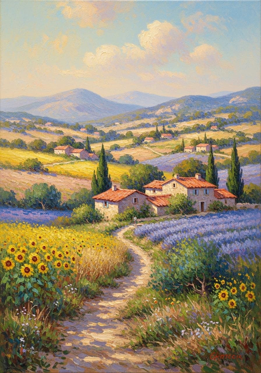 AI generated: Impressionist painting on canvas of Provence, in the style of impressionist masters, warm colors, de...