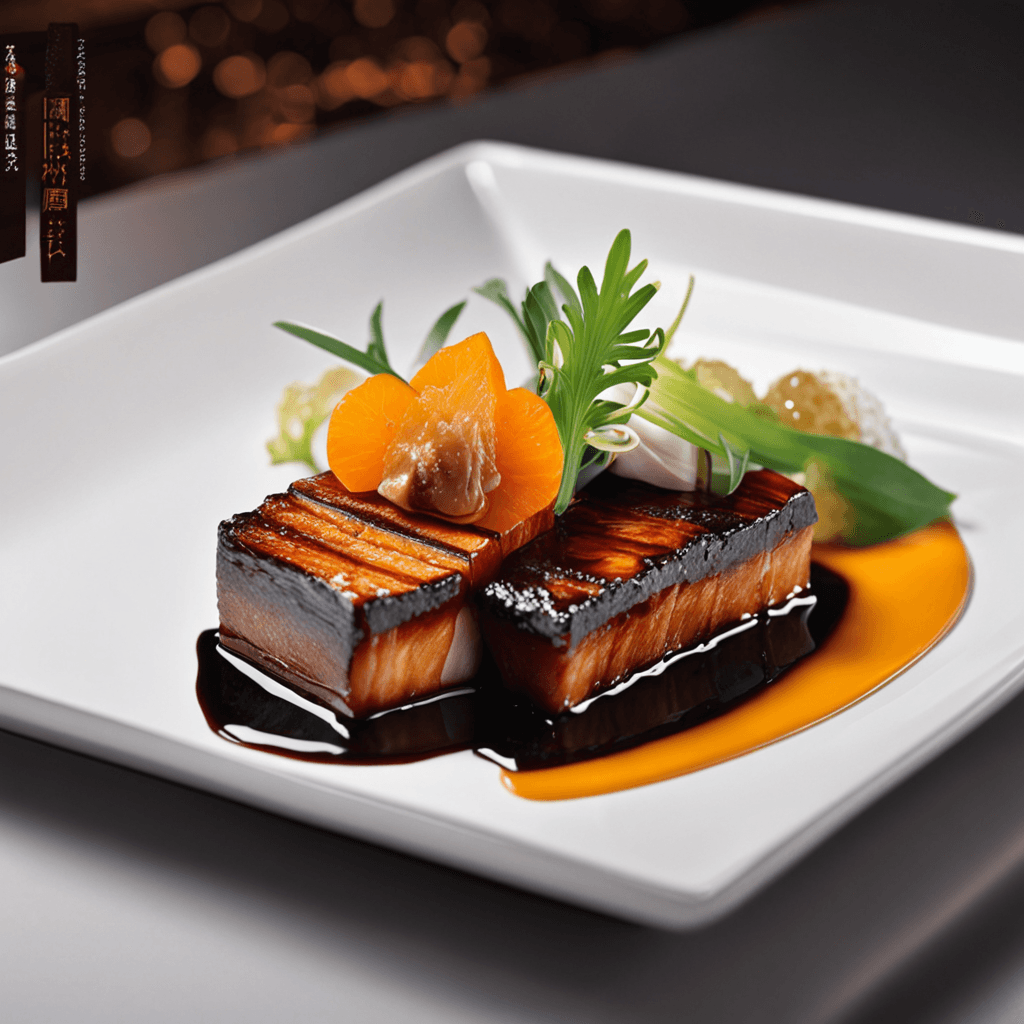 AI generated:  Capture a close-up shot of a mouth-watering beautifully arranged Braised Asian-style pork belly wit...