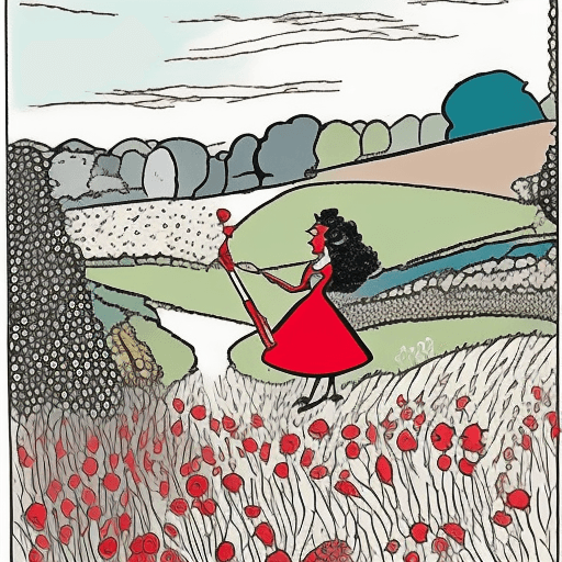 AI generated: Pen and ink, illustrated by Hergé, background landscape. pregment woman red and white stick in hand,...
