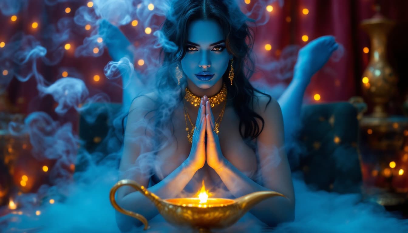 AI generated: An woman with blue skin as a "Jenie is one Genius", decorated with gold jewelry, appeared in a swirl...