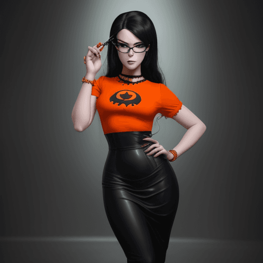 AI generated: create image of woman, style goth girl astestic, velma from scooby-doo, a woman wearing eye glasses ...