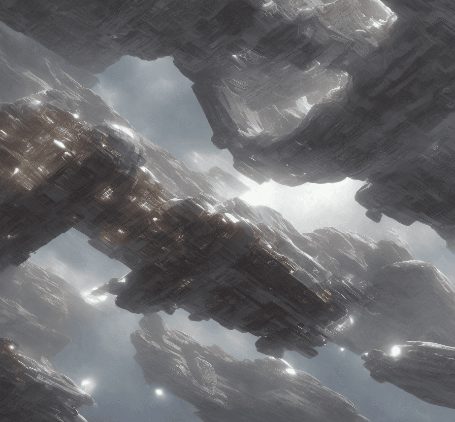 AI generated: a Nostromo like spaceship is cruising thru deep space toward a desert icy planet.. Futuristic city a...