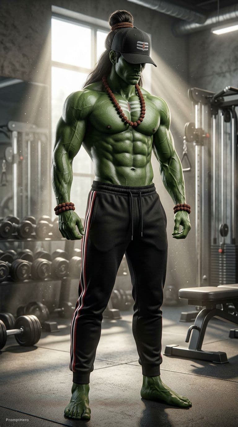 AI generated: Hulk but Lord Shiva, Indian mythology, one piece character, full body, tall lean muscular physique, ...