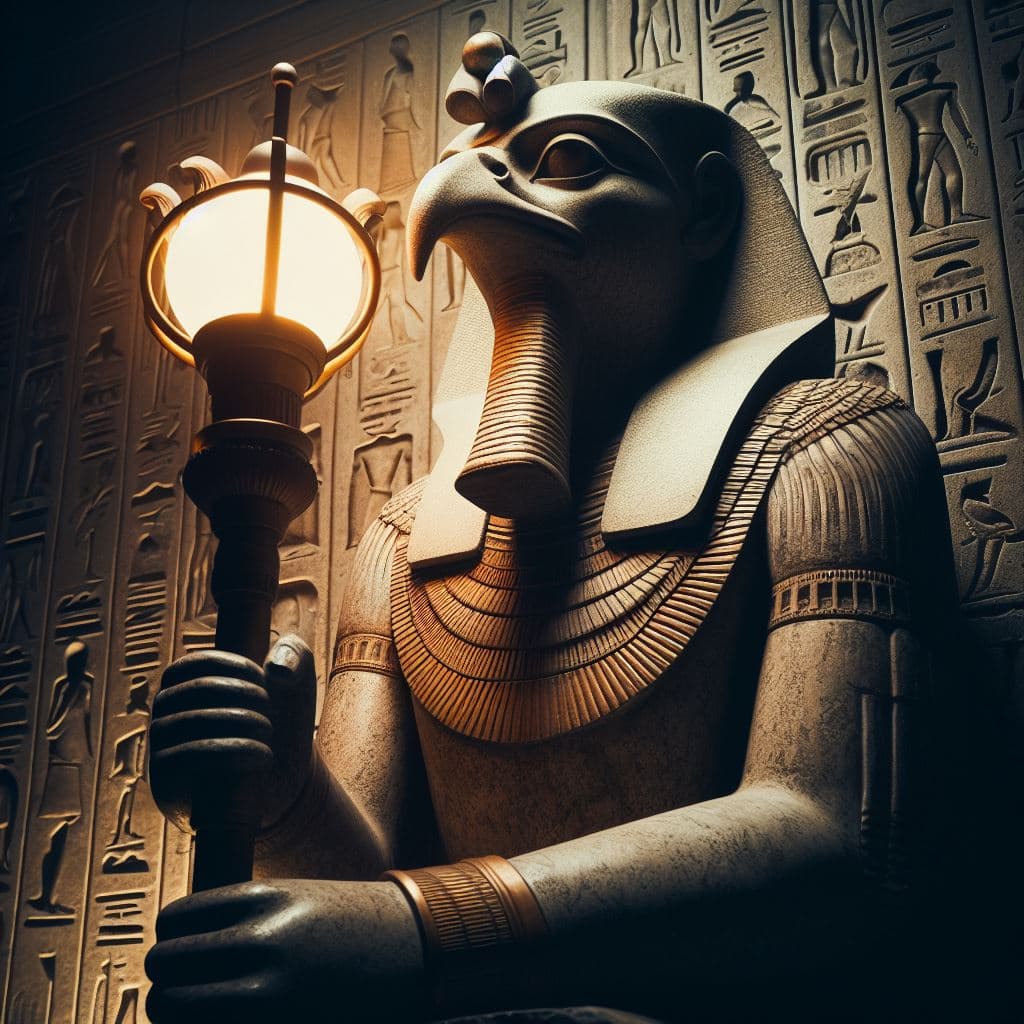 AI generated: Statue of The falcon-headed Egyptian God Horus as a holder for an Archaic Egyptian Dendera electrica...