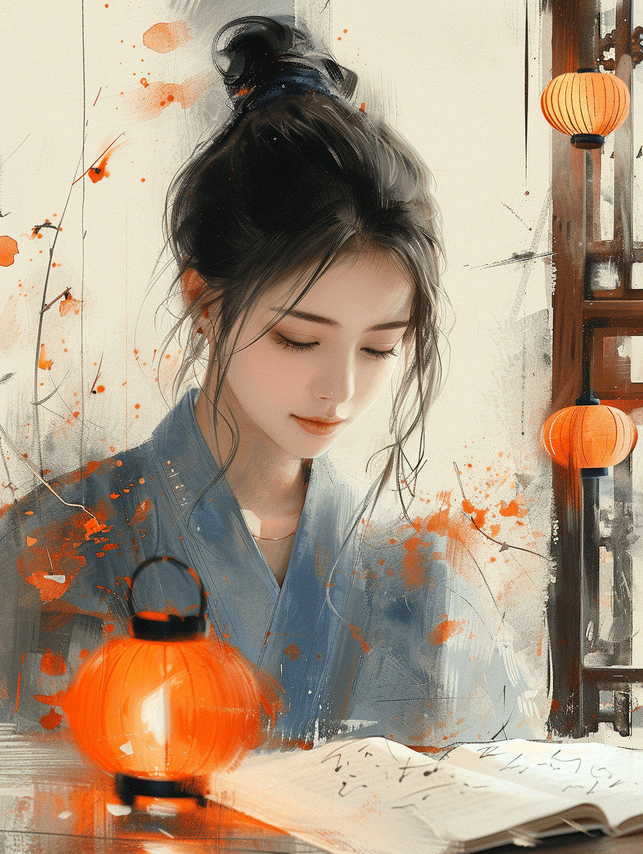 AI generated: chinese illustration of a girl reading a book on a table with lantern, in the style of light beige a...