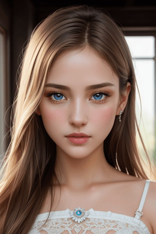 AI generated: Angel girl. Angel wings. Beautiful face. (The body is up to the hips. Half the height.) Slender body...