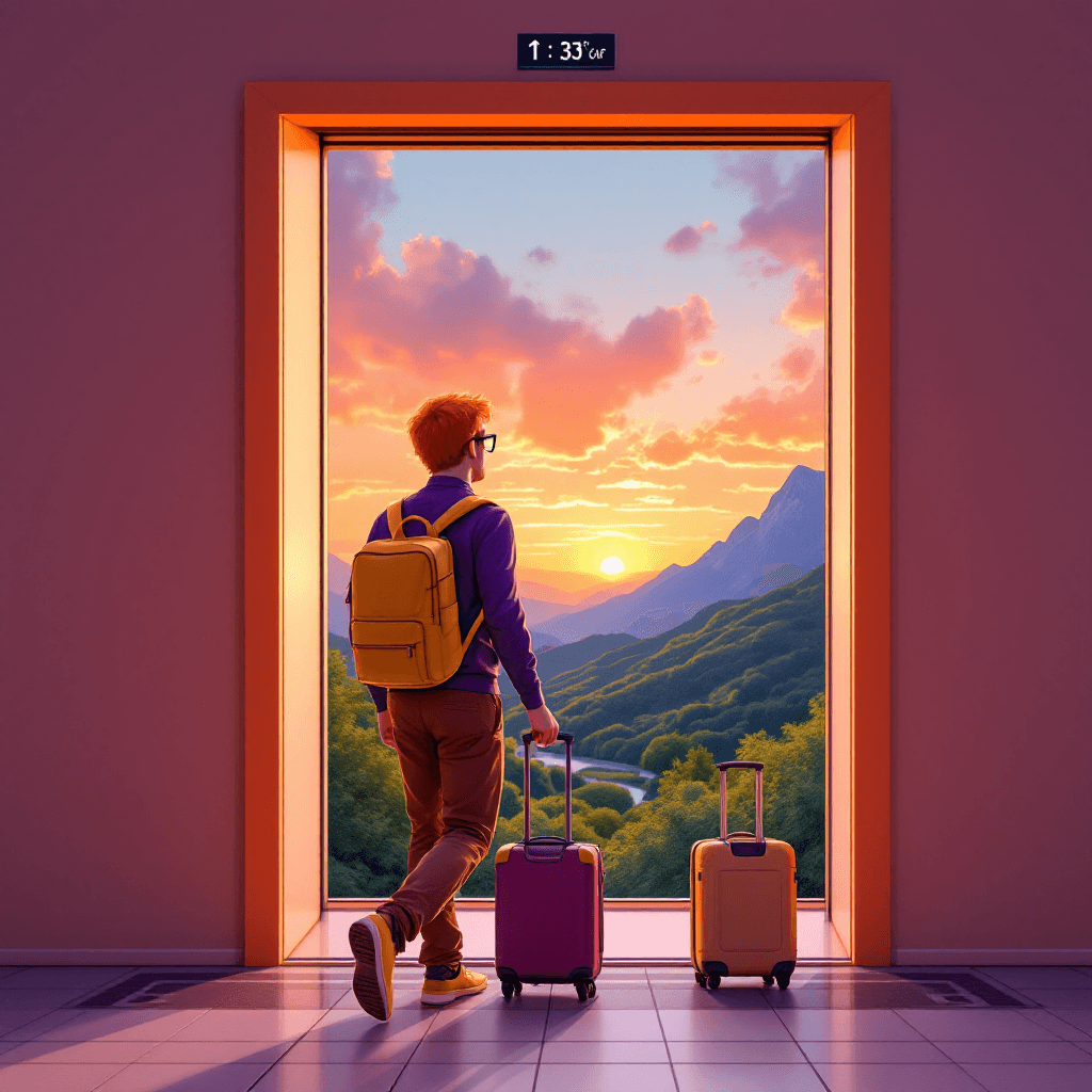 AI generated: an orange elevator opened, marking the thrid floor, with a view to the sunset sky and green mountain...