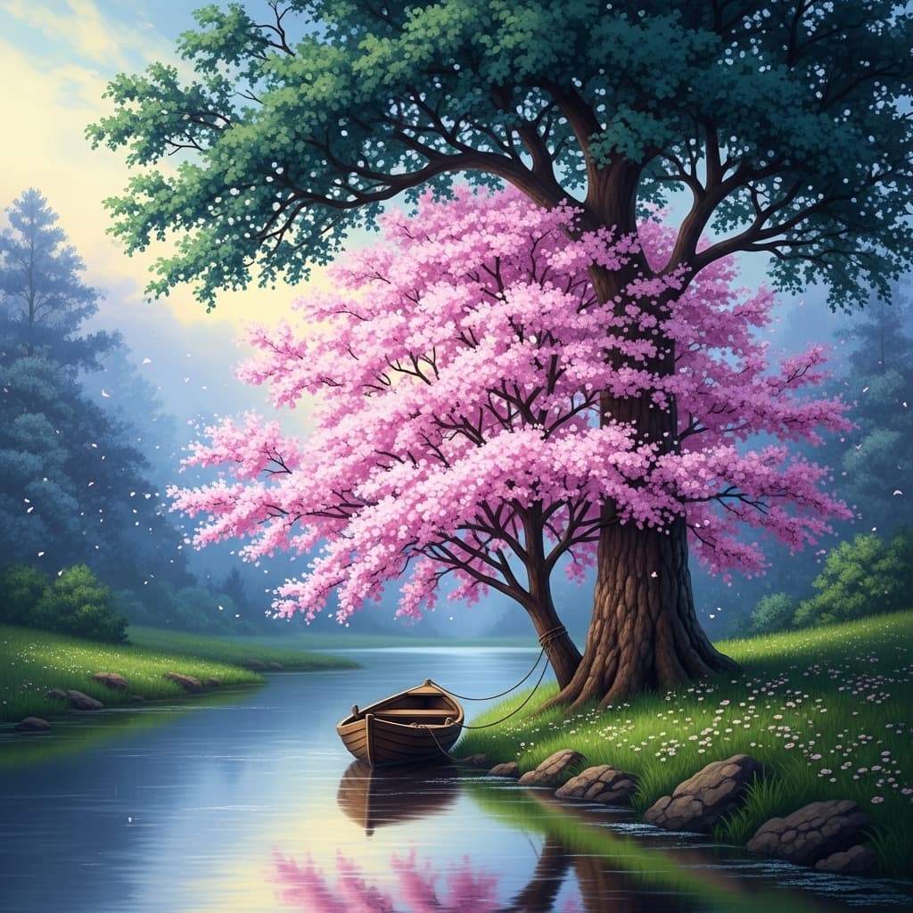AI generated: a majestic tree and a blooming cherry blossom tree along a gently flowing river, with a quaint boat ...