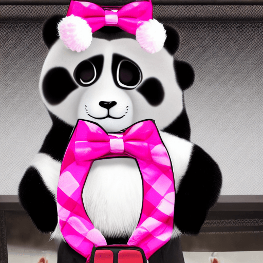 AI generated: a panda wearing a black hats tartan bow tie and pink rollers-skate stealing a bag 
