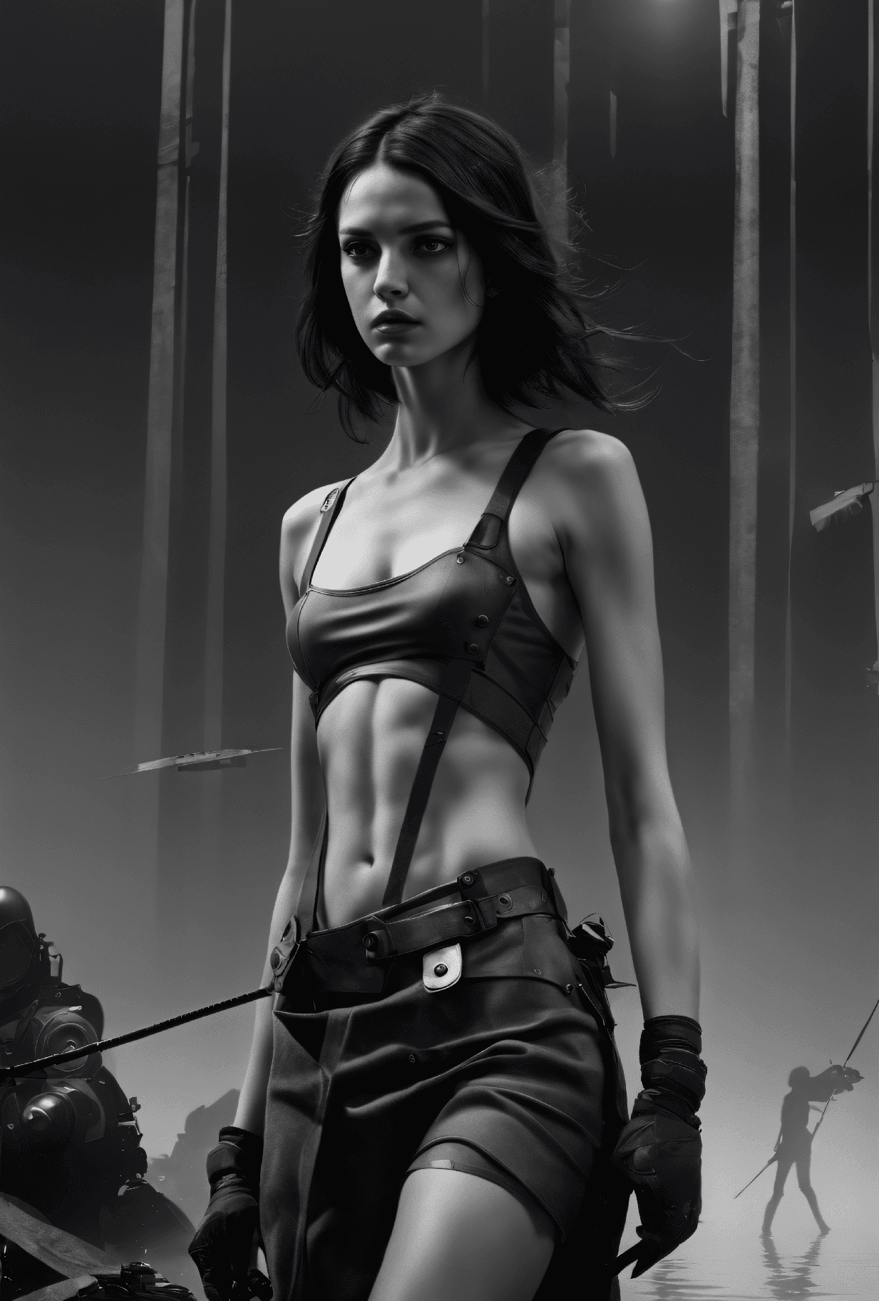 AI generated: dystopian style paparazzi, upper body, masterpiece photo of a young woman, Lean and slender with a s...