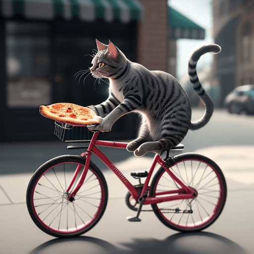 AI generated: A cat riding a bicycle with a pizza in hand,Realistic, 4k,hyperdetailed,octane render