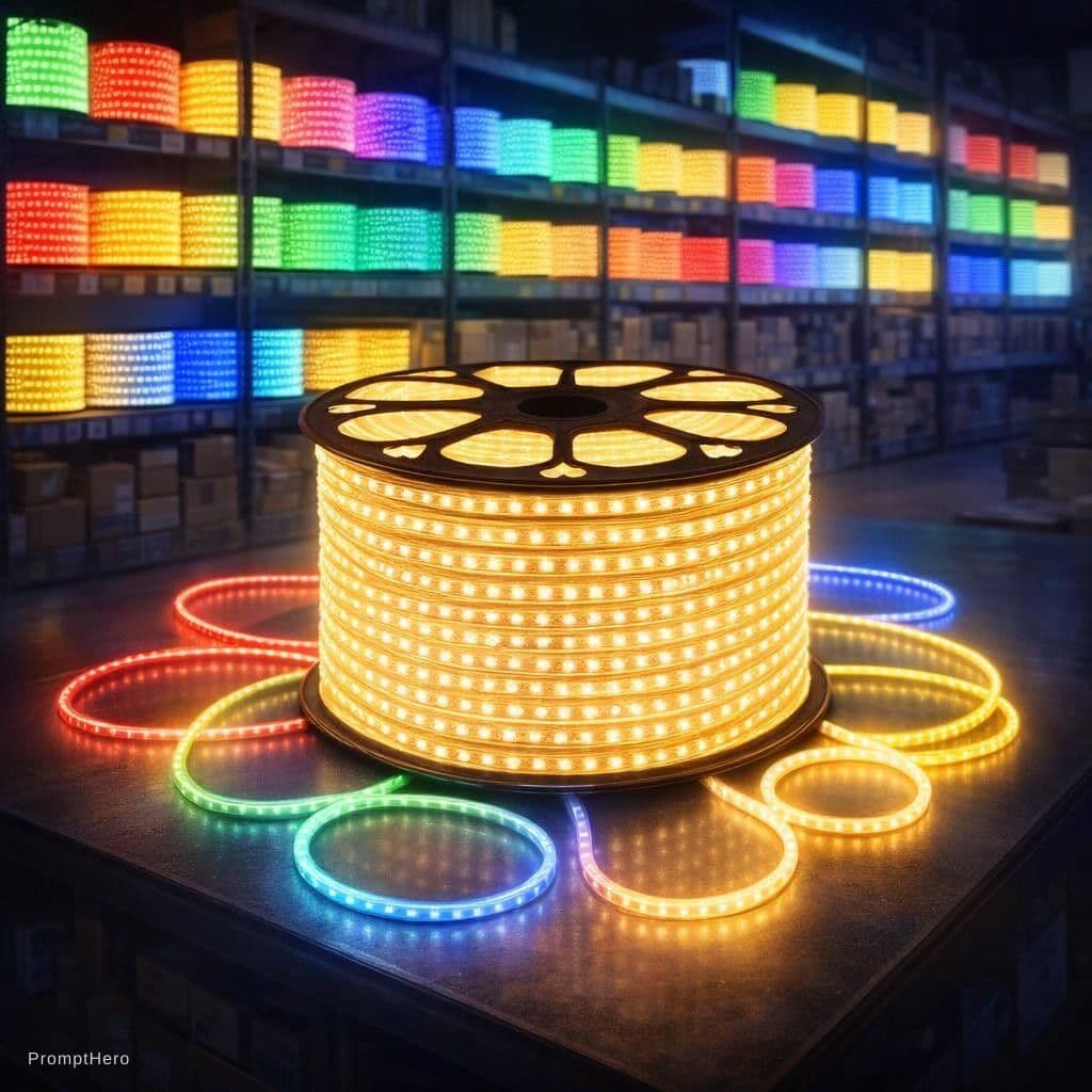 AI generated: {
  "prompt": "A modern and high-quality product showcase of Double LED Strip Roll lights in a wareh...
