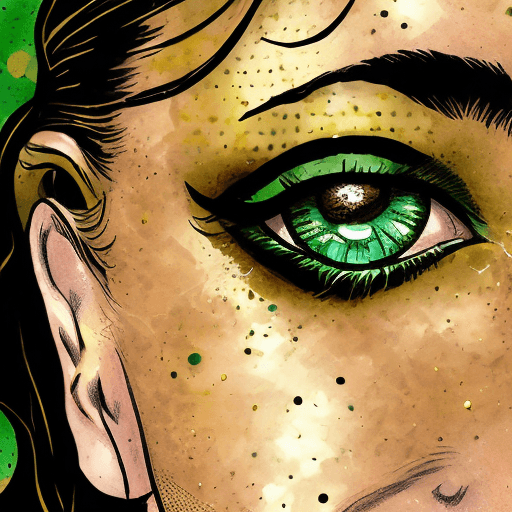 AI generated: picture of a woman with green eyes, in the style of detailed comic book art, dark amber and gold, cl...