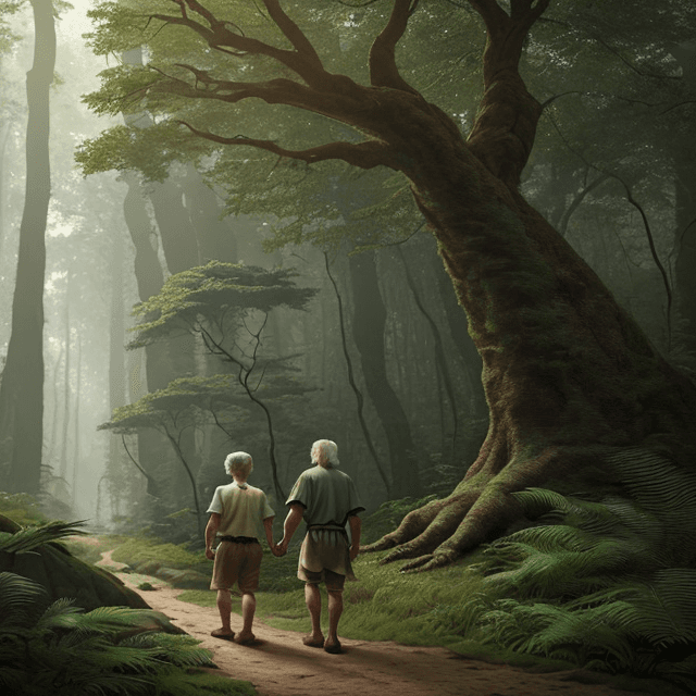 AI generated: side view of a young prehistoric boy and a tall and old prehistoric man.  Boy and Man keep hands and...