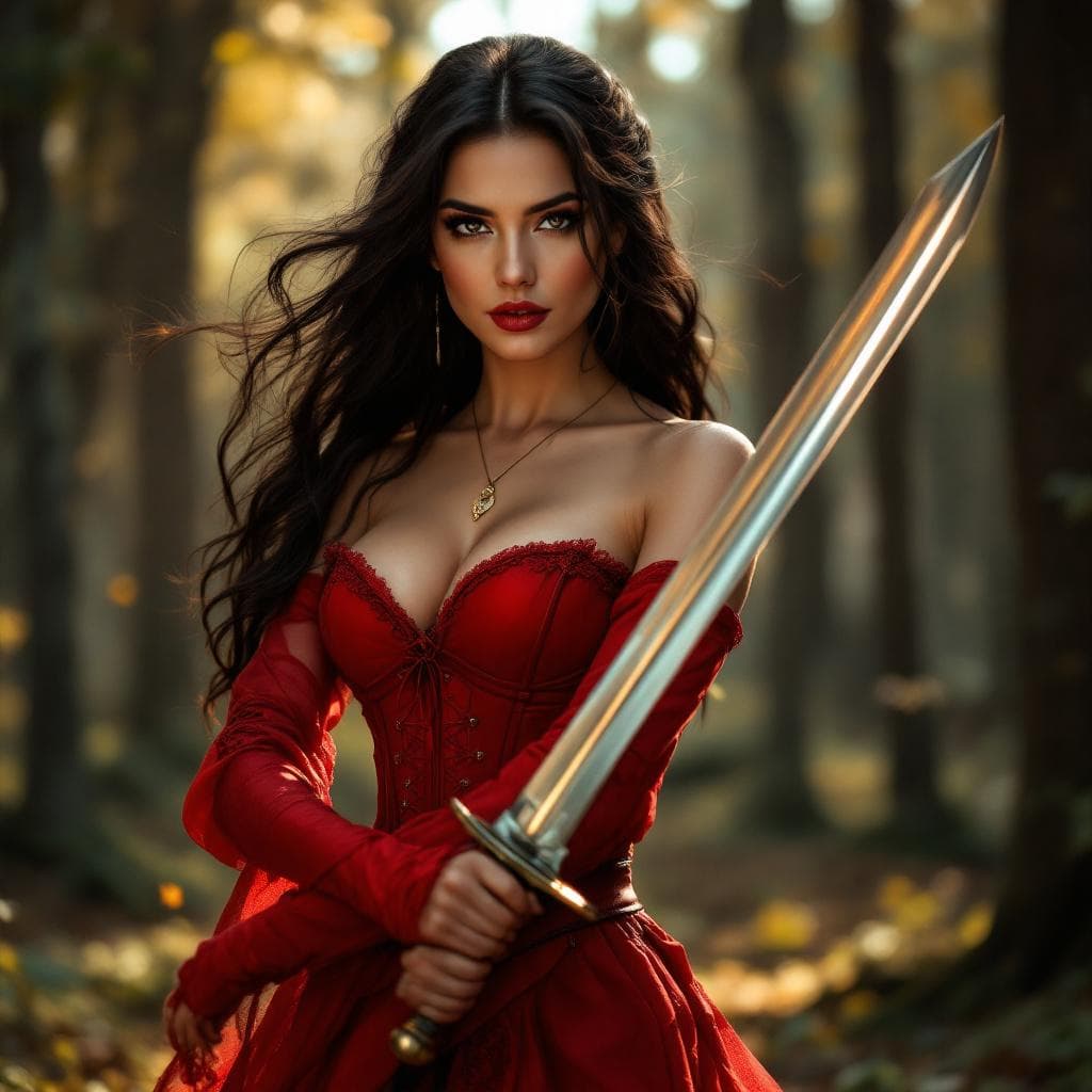 AI generated: woman with dark, flowing hair in a red dress and corset, holding two swords gracefully in a sunlit f...