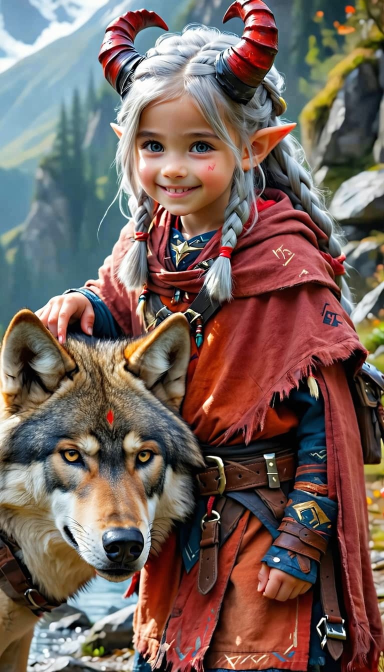 AI generated: ( a cute silver-haired girl with real devil horns patting the wolf), In a stunning fantasy world,bre...