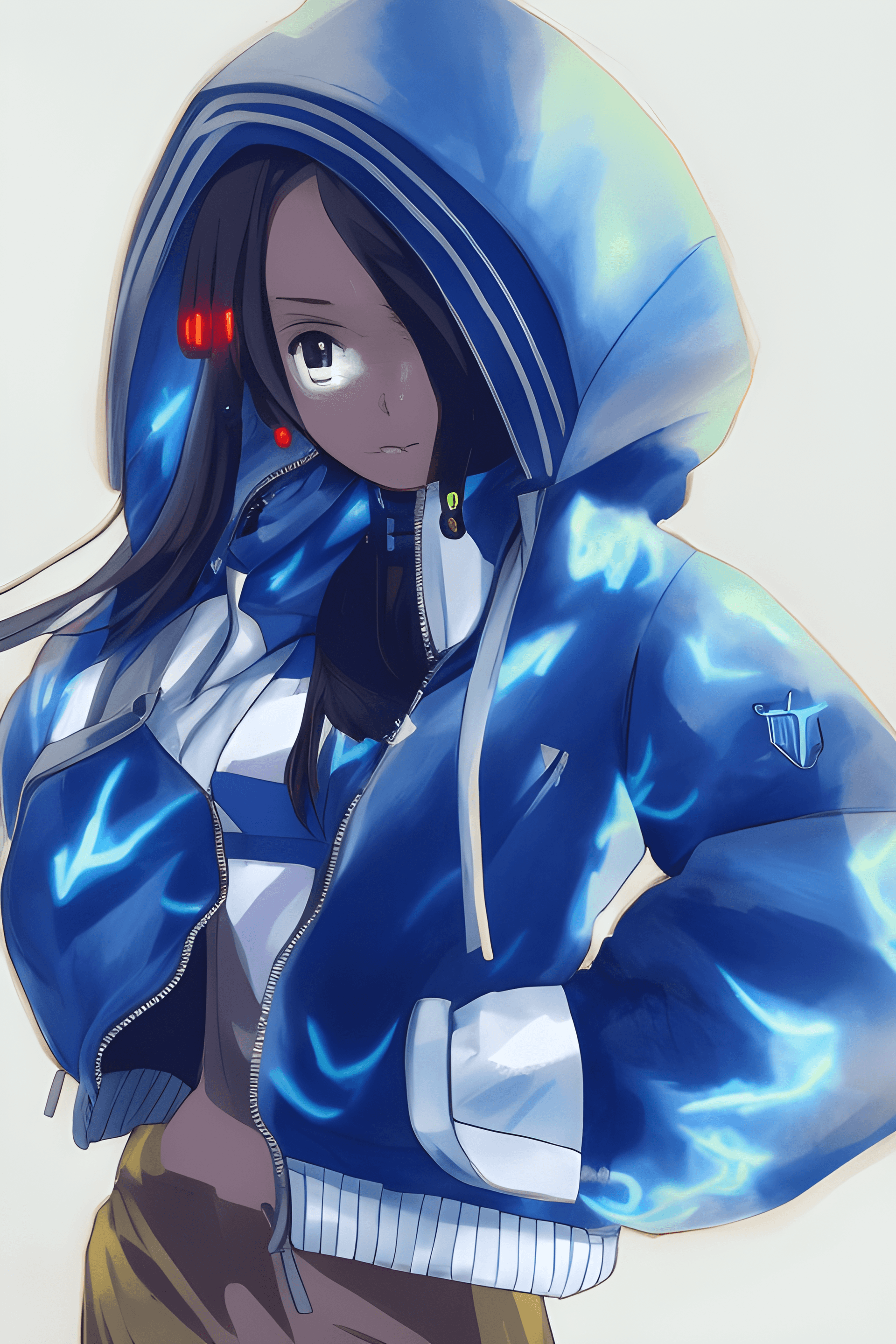 AI generated: a close up of a person wearing a hoodie, cyberpunk anime girl in hoodie, dark blue skin, black anime...