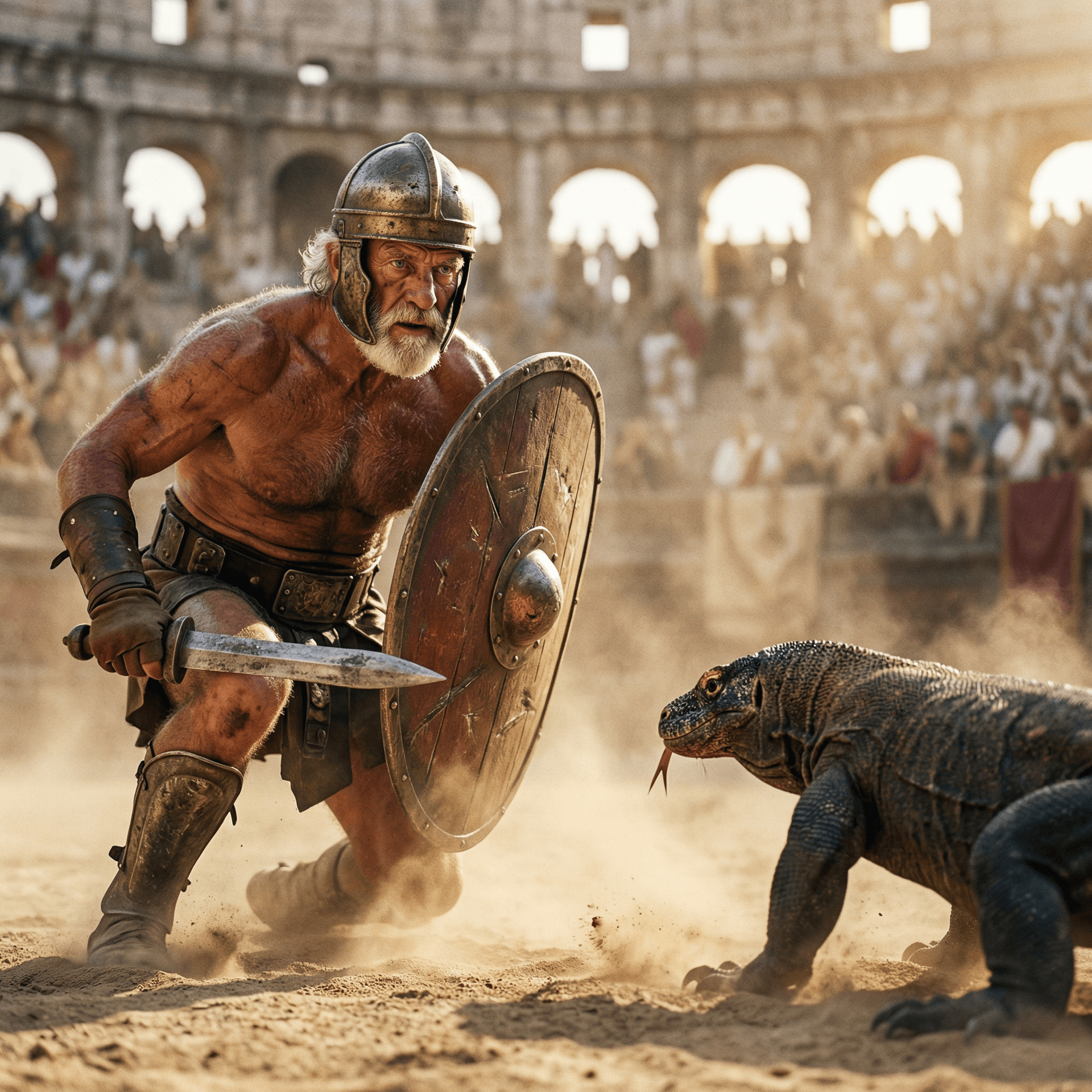 AI generated: Ultra-realistic documentary-style action photography inside the Roman Colosseum, bathed in warm gold...