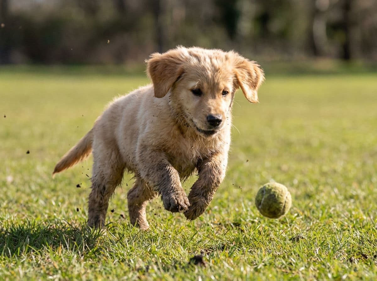 AI generated: puppy running for a ball 