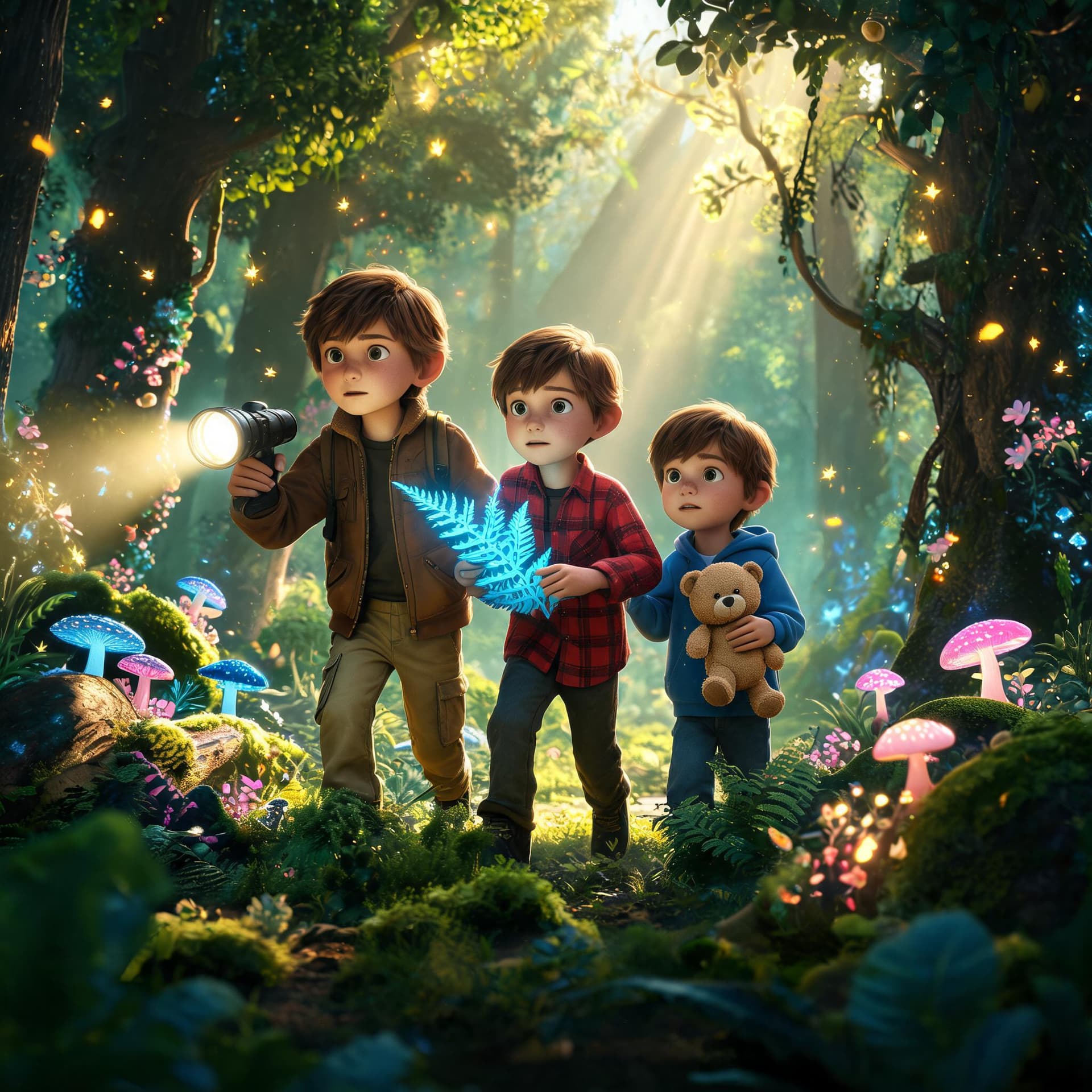 AI generated: “3 brave boys, all brothers, aged 11, 9 and 7 explore an enchanted forest, 3D render, cinematic ligh...