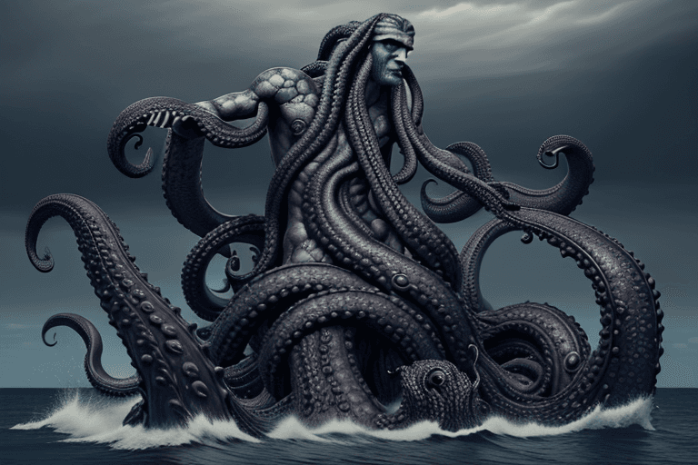 AI generated: Men made entirely of kraken, hyper realistic