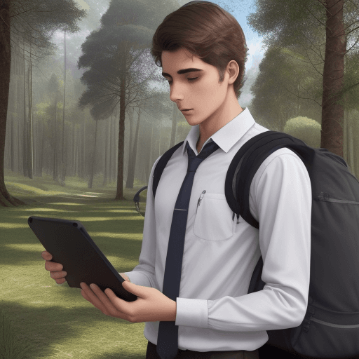 AI generated: estudiante hombre enseñando a muchos profesores, aula campo, bosque, montaña, tablets, imagen virtua...