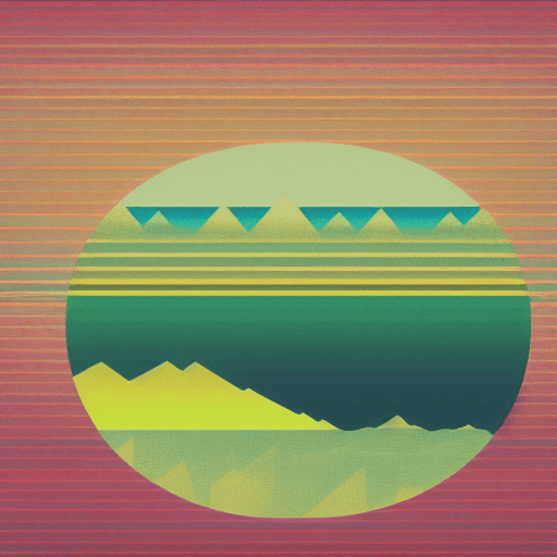 AI generated: 80s chrome and steel Retro Sunset, Mountain Lake scene, green, gold, illustration, inspired by James...