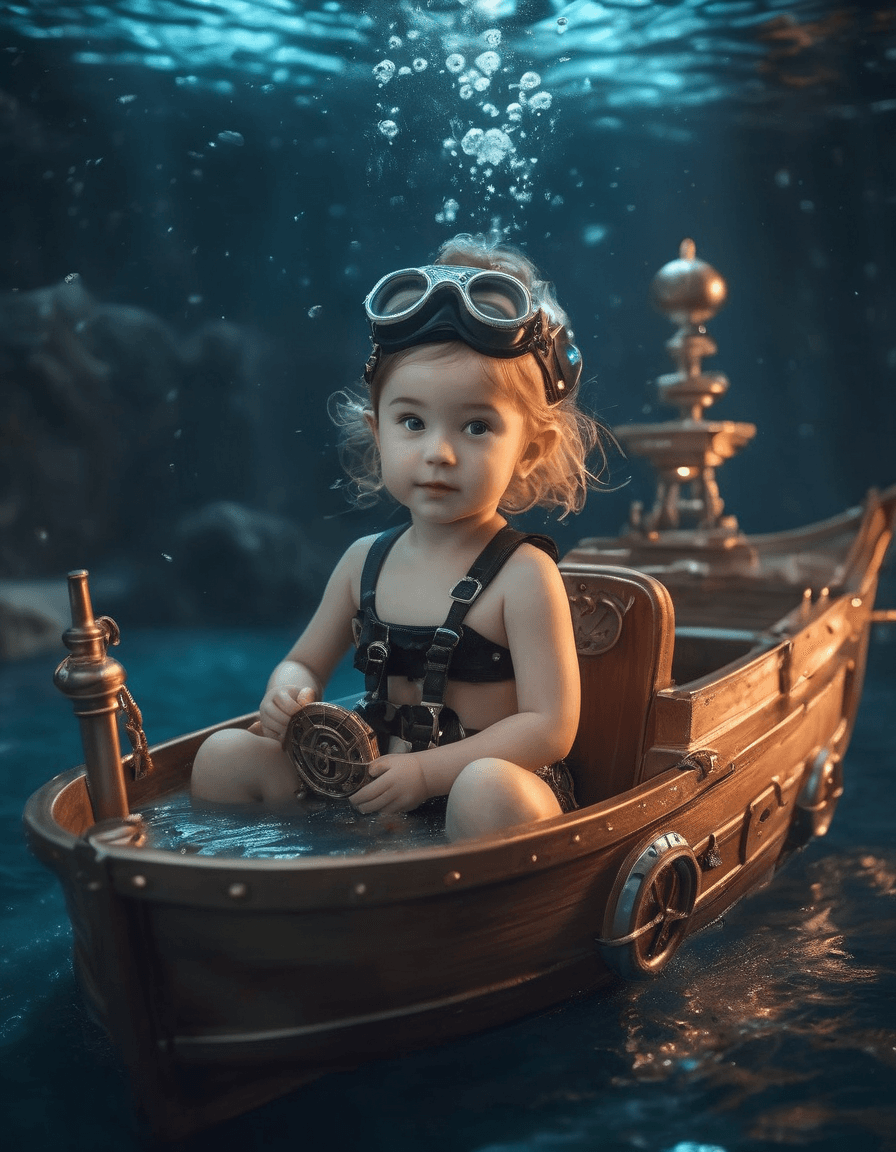 AI generated: two dimensions dream, small girl in (one dive mask:1.5) sitting in small pirate ship in water, light...