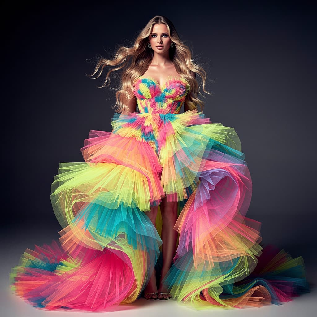 AI generated: A beautiful woman with long blond wavy hair and a fluffy neon dress 