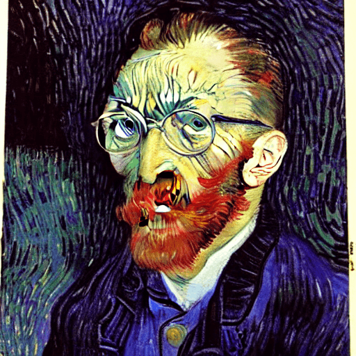 AI generated: [van gogh | matisse] three-quarter portrait of himself of a happy, smiling bald older man with a cou...