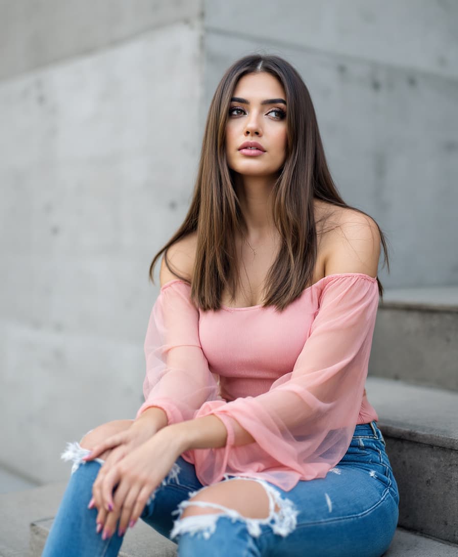 AI generated: A woman is seated on a wide step with her legs crossed. Her straight long brunette hair frames her b...